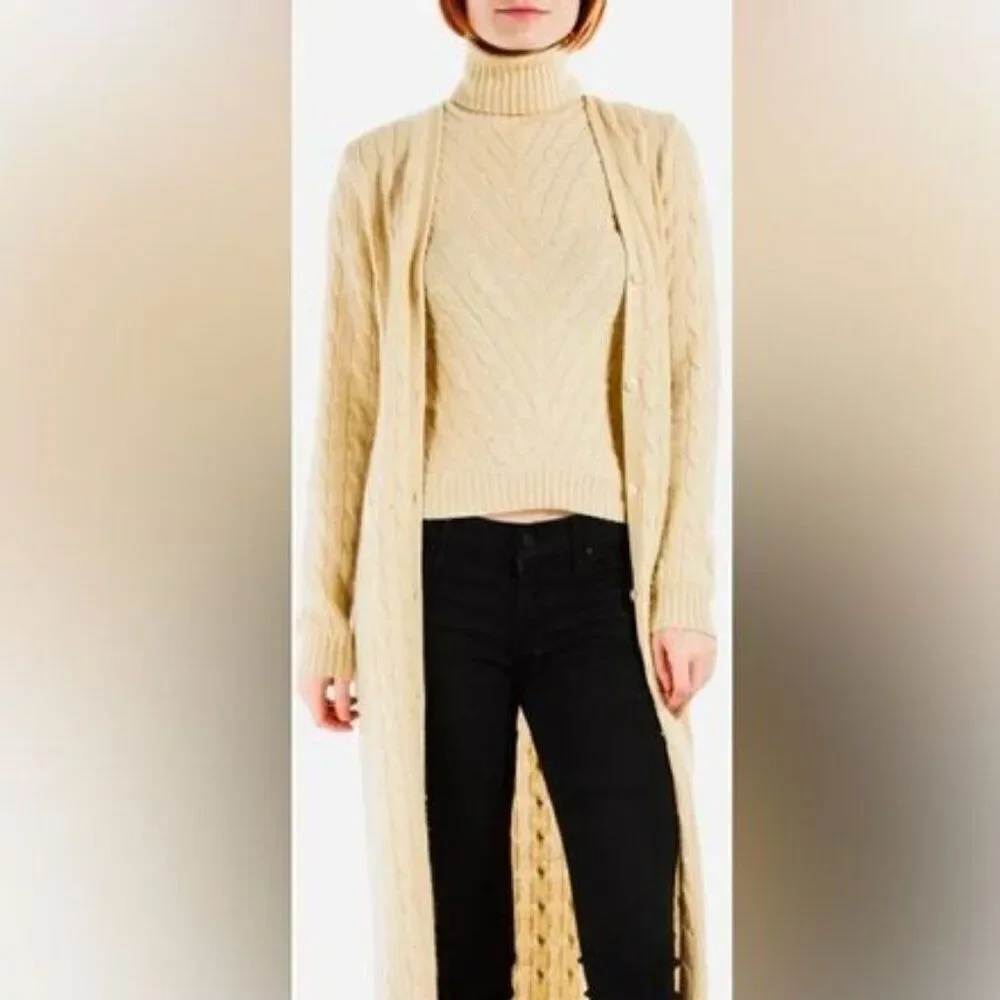 Ralph Lauren Vanilla Cable Knit Cashmere Long Line Cardigan Sweater Coat